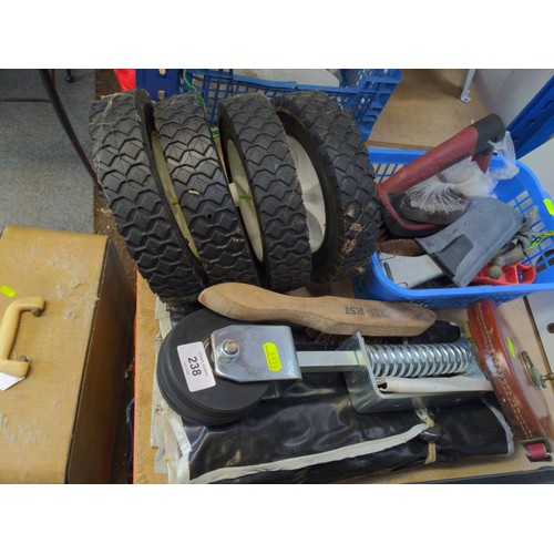 238 - 4 x plastic wheels, surveyors leather tape measure Imperial, large spanner set, carpet cutting knife... 
