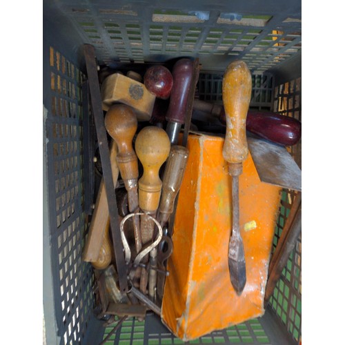 244 - Grey crate with vintage tools, inc. planes, screw drivers etc