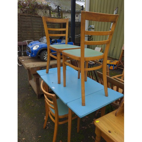 61 - 1960's formica topped kitchen table with 3 matching bentwood chairs