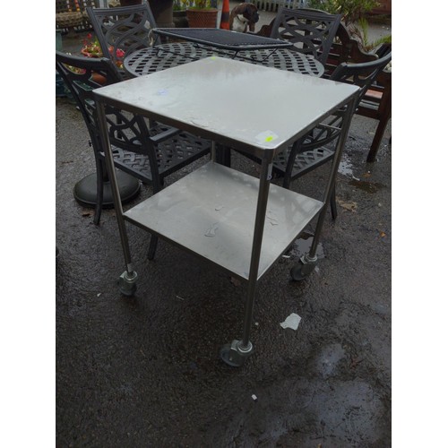 6 - Stainless steel wheeled 2 tier table. W60cm H90cm