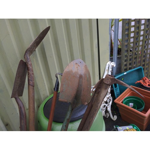 82 - Quantity of long handled tools & black plastic bin with lid