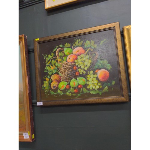 521 - Two original artworks: an oil on canvas of a basket of fruit together with a watercolour of garden f... 