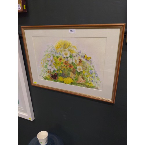 521 - Two original artworks: an oil on canvas of a basket of fruit together with a watercolour of garden f... 