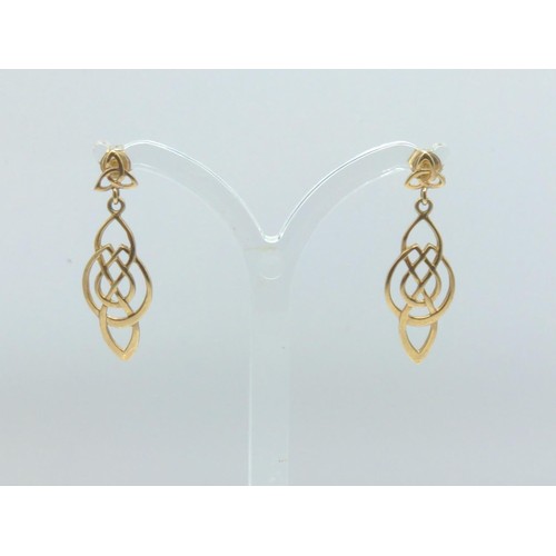 659 - Pair of 9ct gold openwork Celtic design pendant earrings, stamped 375 to posts, length 35mm, gross w... 