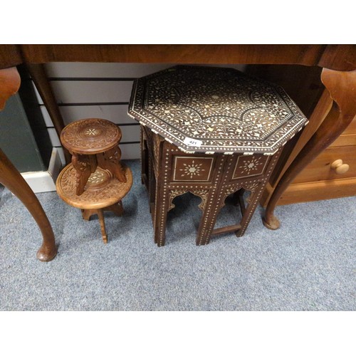Inlaid Indian style octagonal hardwood table with folding base and two others, D47cm x H 49cm