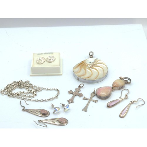 663 - Silver jewellery, including gem, stone and shell set, together with a scrap neck chain, gross weight... 