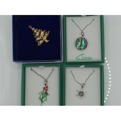 668 - Three Tide Jewellery New Zealand Paua shell pendant necklaces and an Indulgence Christmas tree brooc... 