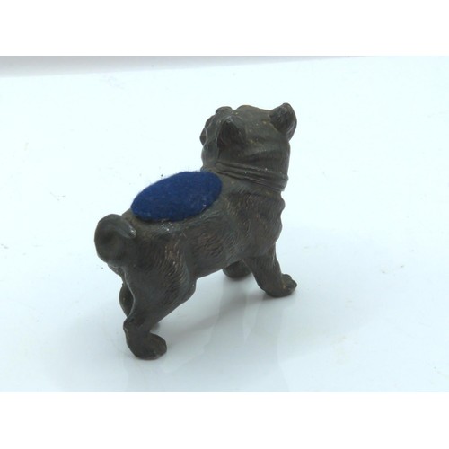 696 - Victorian 'French Bulldog' pin cushion, L 65mm x Ht 55mm