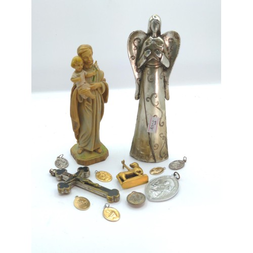 698 - Ecclesiastical items, including cross, figures and medals