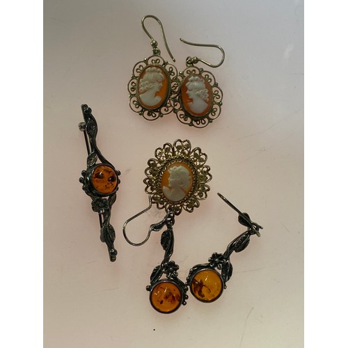 665 - Amber set silver earrings and brooch, together with 800 grade silver filigree cameo set earrings and... 