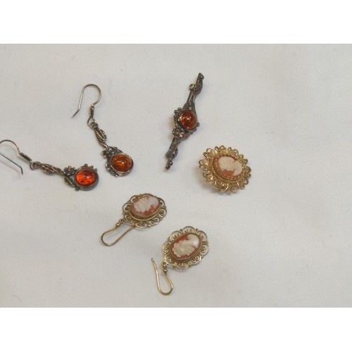 665 - Amber set silver earrings and brooch, together with 800 grade silver filigree cameo set earrings and... 