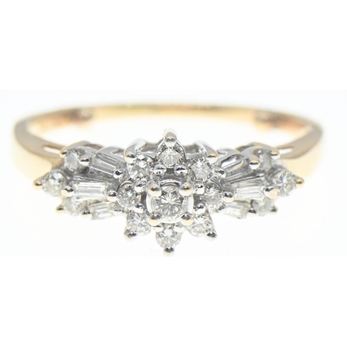 22 - Diamond cluster ring on 14ct gold, featuring round brilliant and baguette cut diamonds, sized down t... 