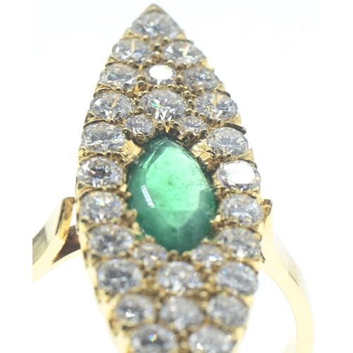 52 - Emerald and diamond marquise-shaped cluster ring, size O, gross weight 6.1 grams