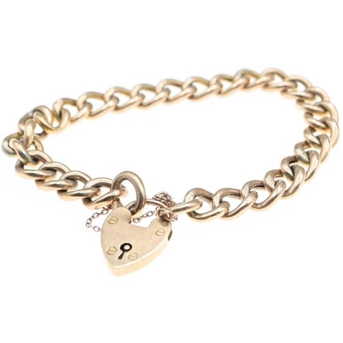 53 - 9ct gold curb link bracelet with heart-shaped clasp and a safety chain, each link stamped, gross wei... 