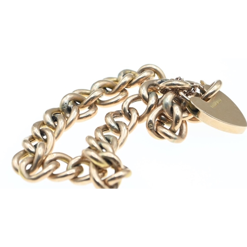 53 - 9ct gold curb link bracelet with heart-shaped clasp and a safety chain, each link stamped, gross wei... 