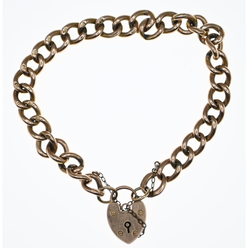 55 - 9ct gold link bracelet with heart-shaped padlock and safety chain, circumference 18cm, gross weight ... 