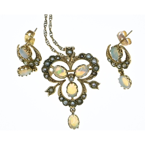 66 - 9ct gold Victorian style opal and seed pearl trefoil pendant brooch on 9ct gold chain, with matching... 