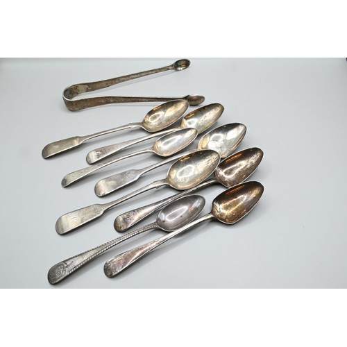 161 - Eight silver teaspoons and a pair of sugar tongs, various Georgian and Victorian makers and dates, i... 