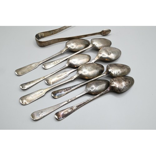 161 - Eight silver teaspoons and a pair of sugar tongs, various Georgian and Victorian makers and dates, i... 