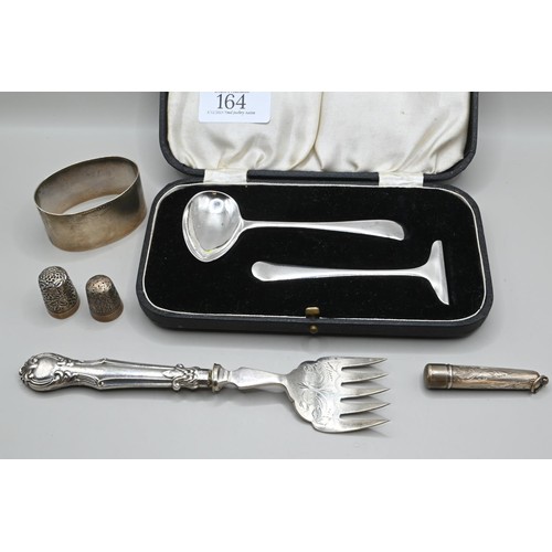 164 - Collection of silverware, various makers and dates, including a cheroot case, cased baby's spoon and... 