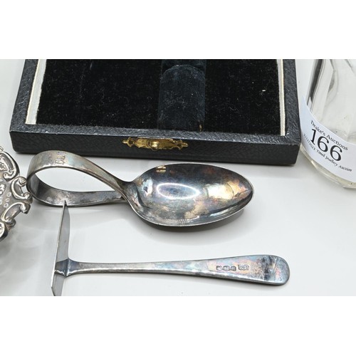 166 - Cased child's silver spoon and pusher set, small pierced dish and two silver lidded glass vanity bot... 