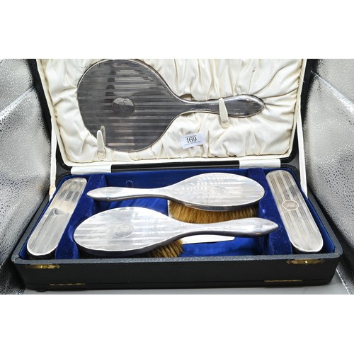 169 - Cased silver backed engine-turned part dressing table set, A & J Zimmerman Ltd, Birmingham 1923-... 