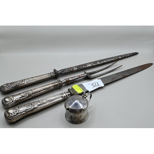 175 - Victorian silver handled King's pattern three piece carving set by John Oxley Sheffield and a glass ... 