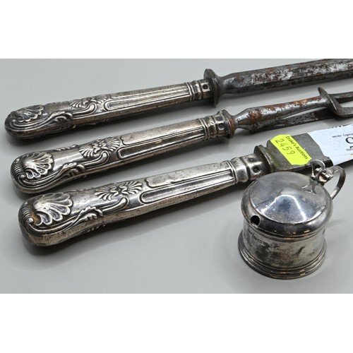 175 - Victorian silver handled King's pattern three piece carving set by John Oxley Sheffield and a glass ... 