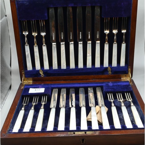 177 - Cased set of twelve pairs of silver fruit knives and forks with mother-of-pearl handles, John Henry ... 