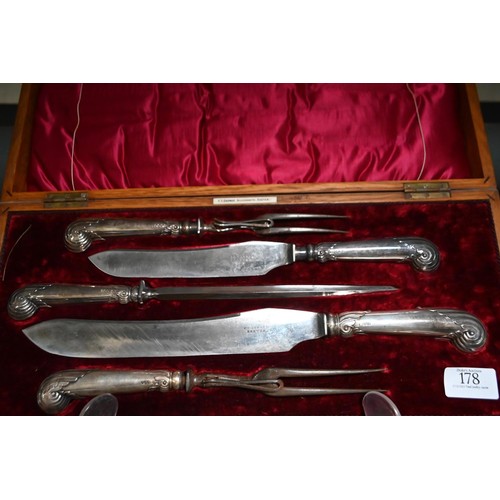 178 - Silver pistol handled five piece carving set, Harrison Brothers & Howson, Sheffield 1898, in cas... 