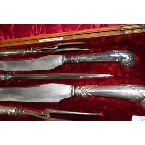 178 - Silver pistol handled five piece carving set, Harrison Brothers & Howson, Sheffield 1898, in cas... 