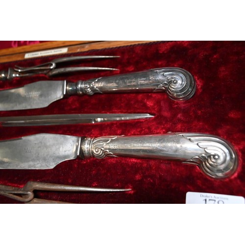 178 - Silver pistol handled five piece carving set, Harrison Brothers & Howson, Sheffield 1898, in cas... 