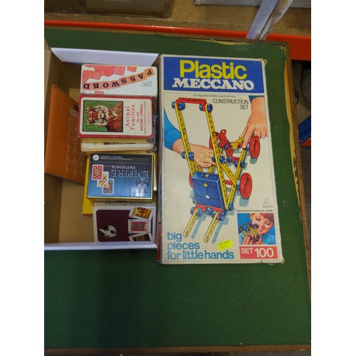 98 - Plastic Meccano construction set in box + box of mostly vintage playing cards