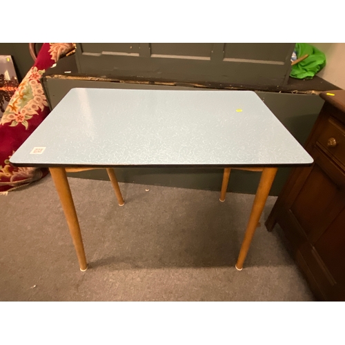 536 - Mid-century Formica blue kitchen table with beech legs. Built by Quitman 22329 W91 D61 H74cm