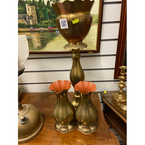 547 - Large brass jardiniere with two smaller brass vases. H55 cm and 21 cm