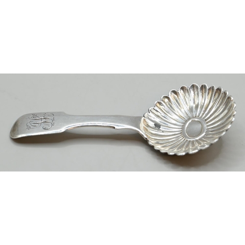 181 - William IV silver fiddle pattern caddy spoon, John Stone, Exeter 1835, with flowerhead bowl, in... 