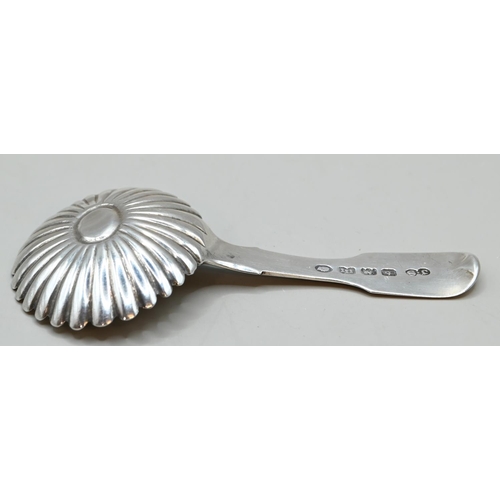 181 - William IV silver fiddle pattern caddy spoon, John Stone, Exeter 1835, with flowerhead bowl, in... 