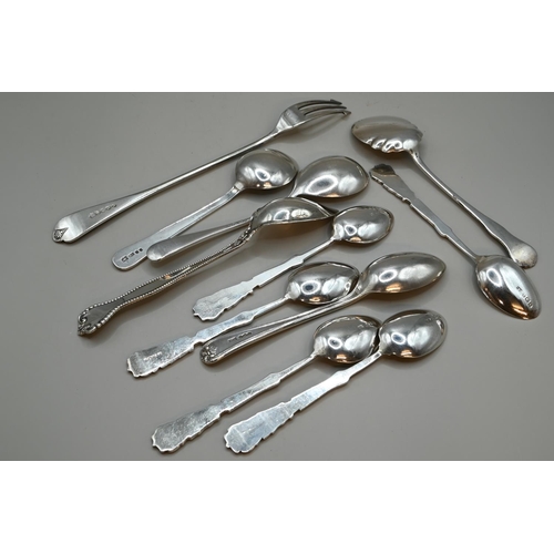 185 - Ten various silver spoons and a pickle fork, various makers and dates, gross weight 224 grams... 