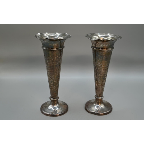 186 - Pair of Edwardian silver hammered trumpet form vases, William Comyns & Sons, London 1901, height... 