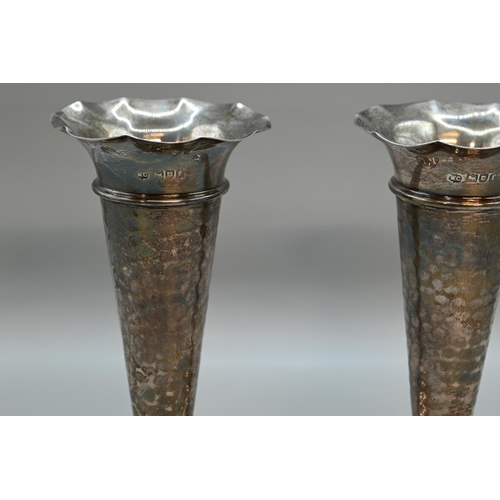 186 - Pair of Edwardian silver hammered trumpet form vases, William Comyns & Sons, London 1901, height... 