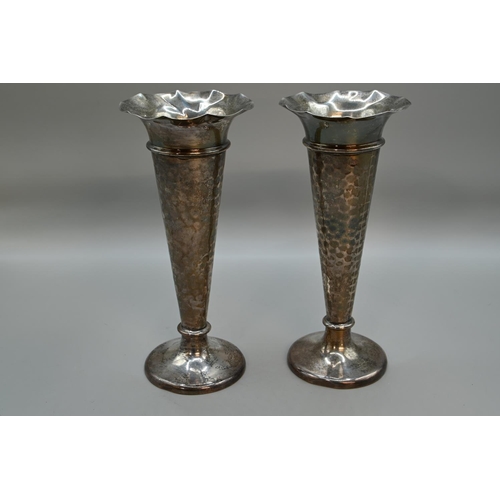 186 - Pair of Edwardian silver hammered trumpet form vases, William Comyns & Sons, London 1901, height... 