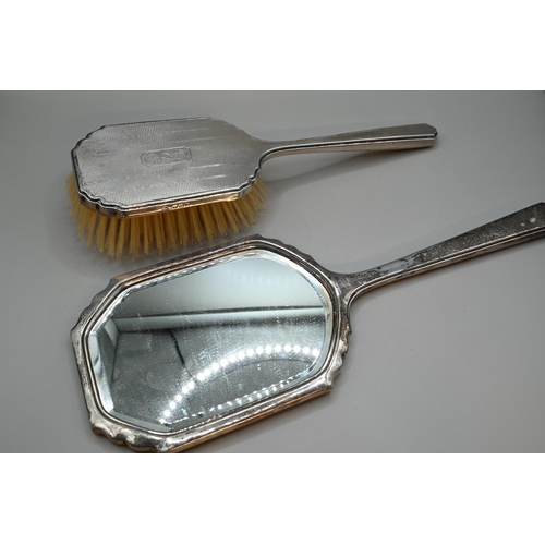 187 - Silver back engine-turned hand mirror and brush, Adie Brothers Ltd, Birmingham 1946, initialled... 