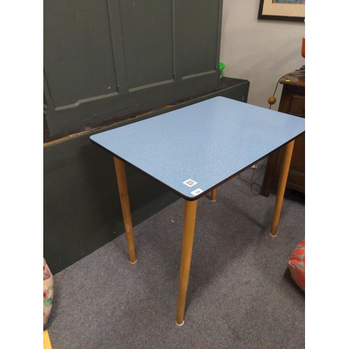 536 - Mid-century Formica blue kitchen table with beech legs. Built by Quitman 22329 W91 D61 H74cm