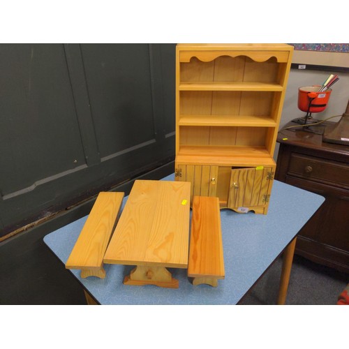 537 - Toy pine dresser with refectory table and benches, dresser H57cm x W34cm x D14cm