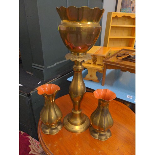 547 - Large brass jardiniere with two smaller brass vases. H55 cm and 21 cm