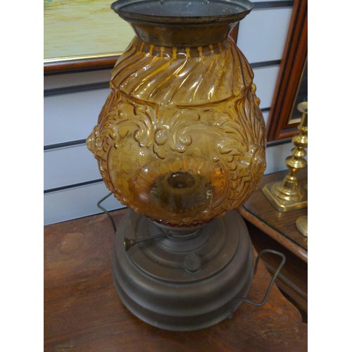 549 - C19th brass oil lamp with decorative amber glass shade, overall height approx. 40cm