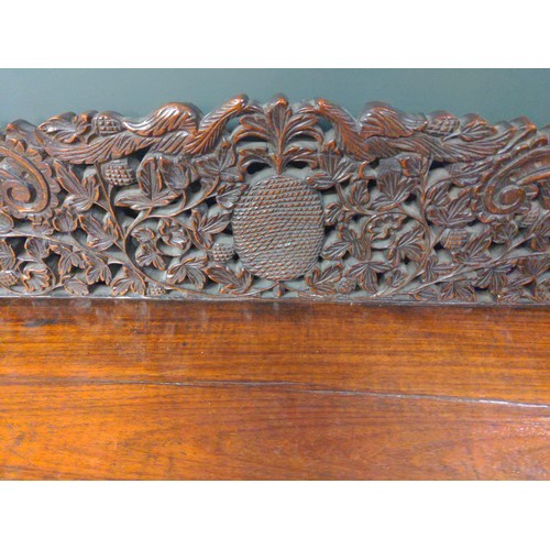 556 - Burmese hardwood demi lune console or hall table carved with leopards, exotic birds and foliage on l... 