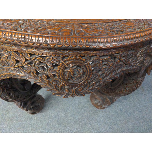 556 - Burmese hardwood demi lune console or hall table carved with leopards, exotic birds and foliage on l... 