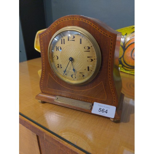 564 - Small inlaid mantle clock, mechanism by Buren with inscription 'presented by Devon County Council' L... 