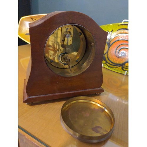 564 - Small inlaid mantle clock, mechanism by Buren with inscription 'presented by Devon County Council' L... 